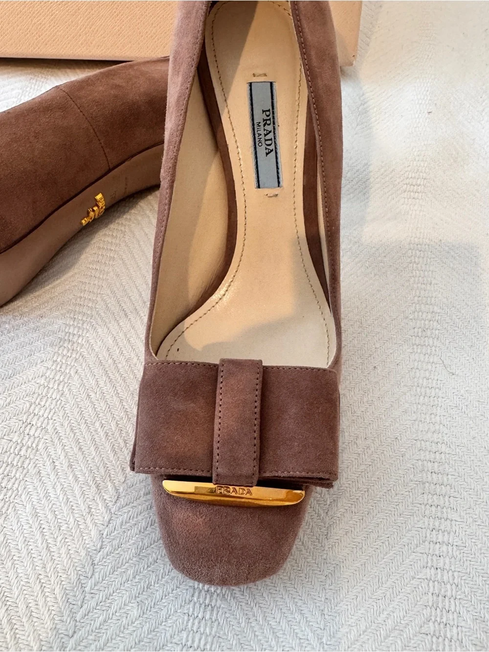 Prada Taupe Suede Bow Peep-Toe Pumps